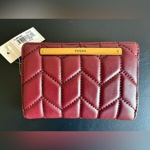 Fossil Burgundy Quilted Wallet with Gold Metal Accent